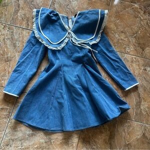 Sister Jane Dappled pure cotton oversized collar mini dress with bow in denim